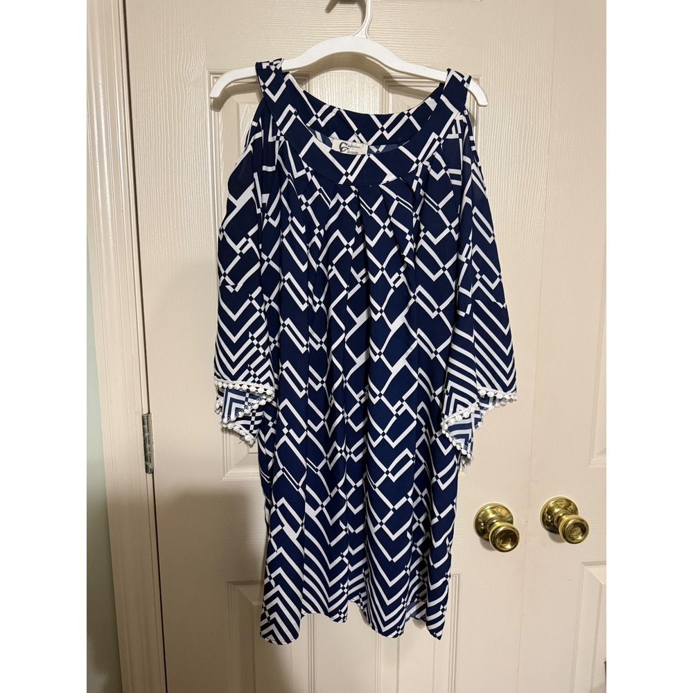 Christian Caliendo Navy White Geometric Cold Shoulder Blouse Pom Pom Trim 3XL